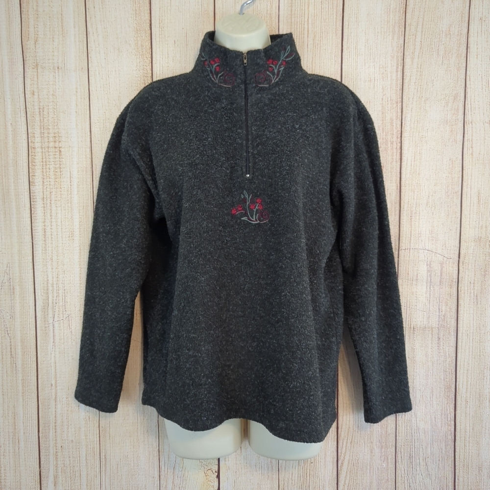 Vintage Victoria’s Secret Country  Fleece Quarter Zip Floral Embroidery Gray